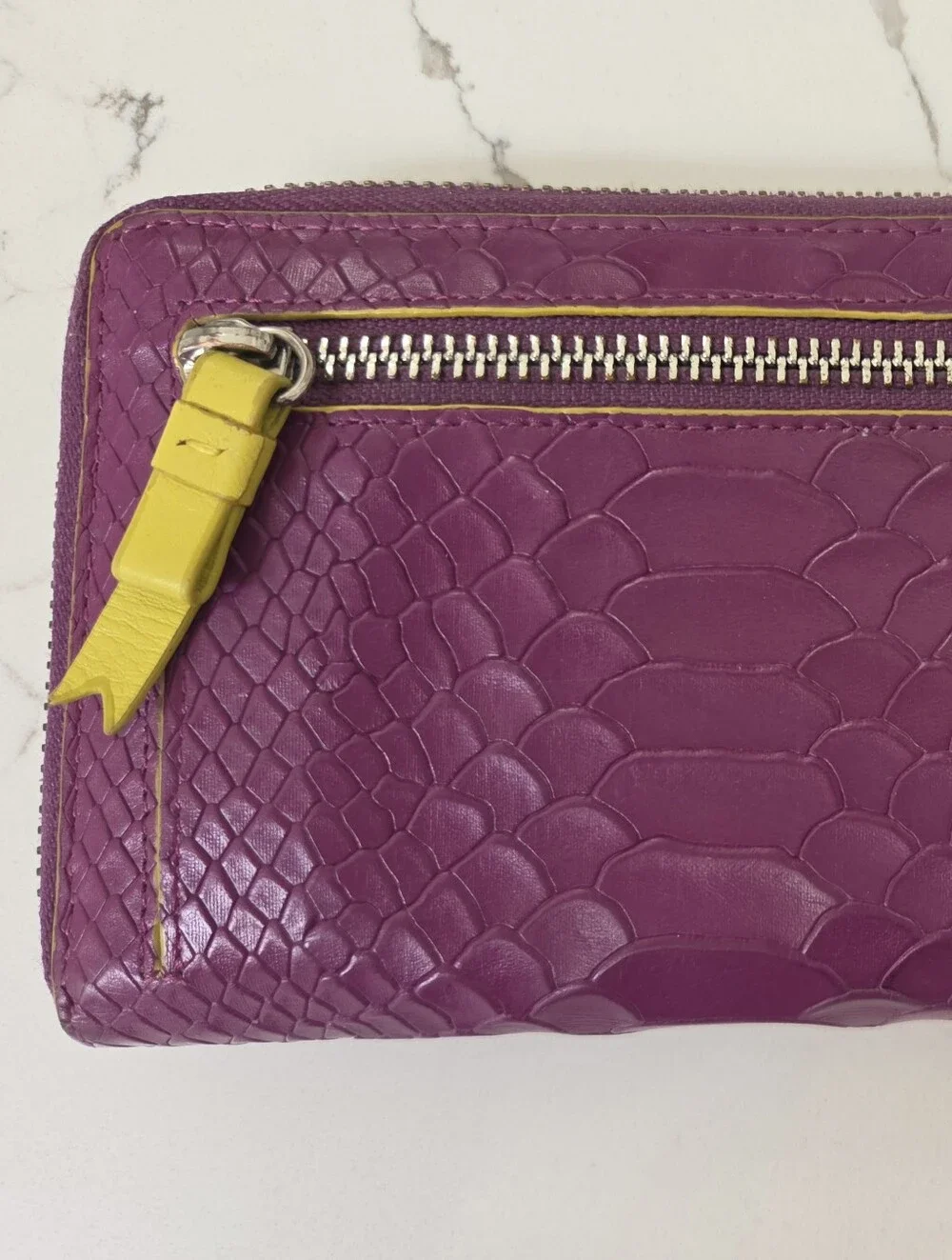 Lodis Wallet Purple Python Snake Print Zip Around Magenta Lime Green Leather
